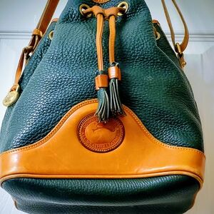 Dooney & Bourke Green and Tan Leather Bucket Bag